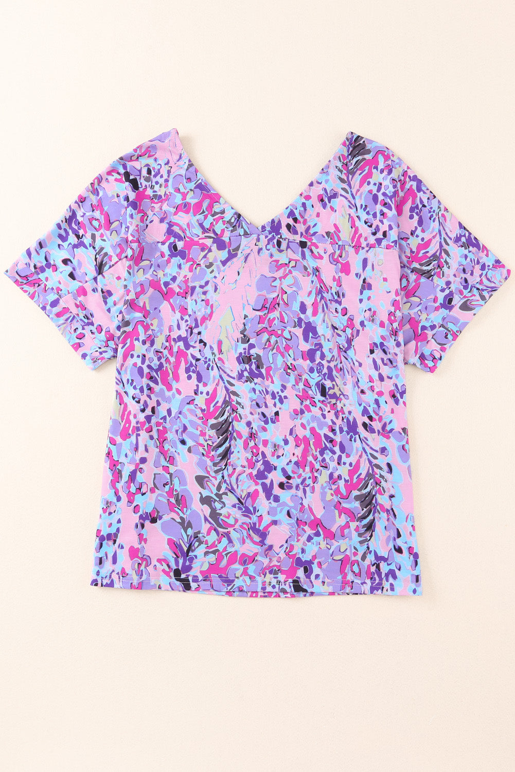 Pink Boho Abstract Floral Print V Neck T Shirt - MAD RUFFI