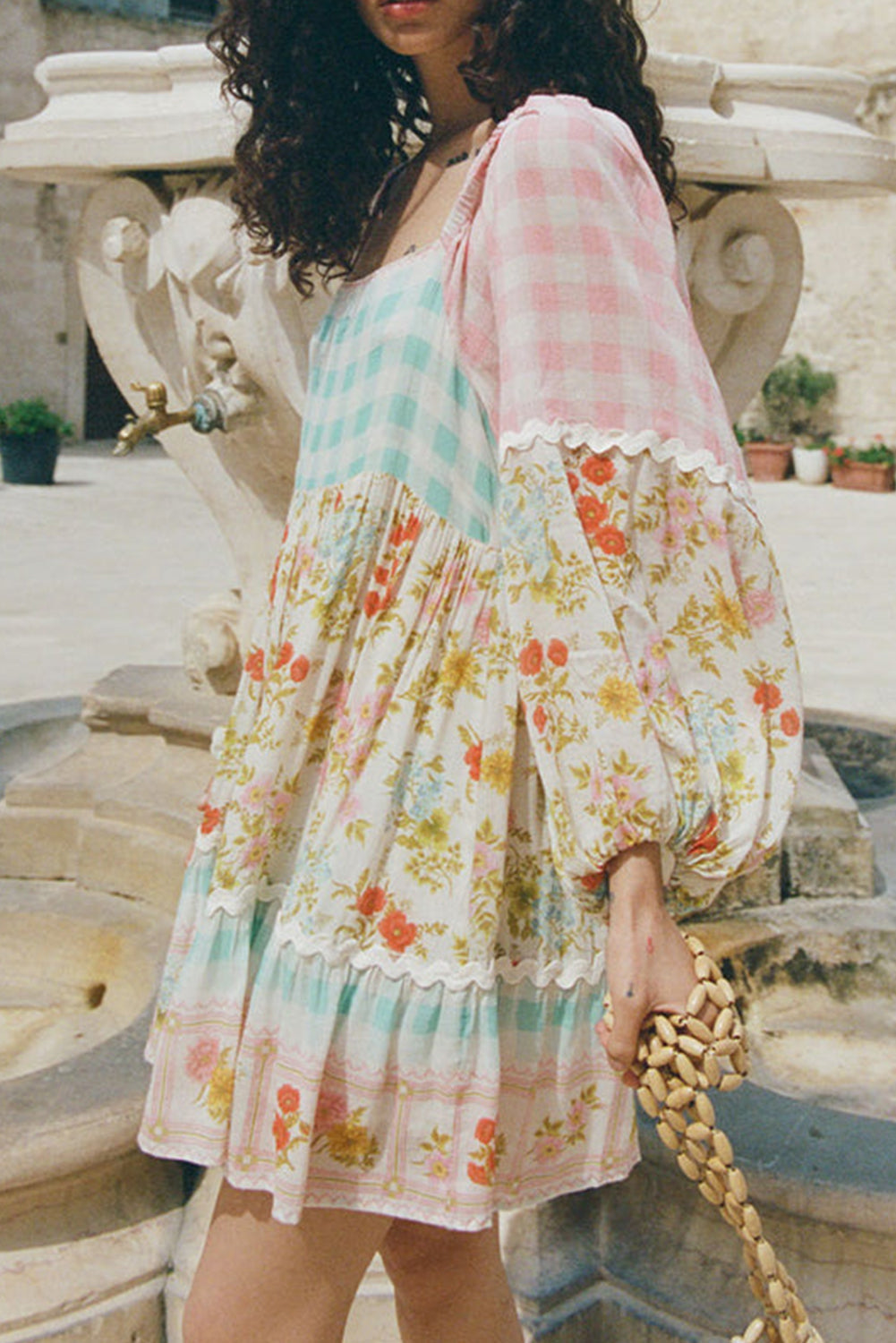 Pink Boho Floral and Plaid Patchwork Ricrac Lantern Sleeve Dress - MAD RUFFI