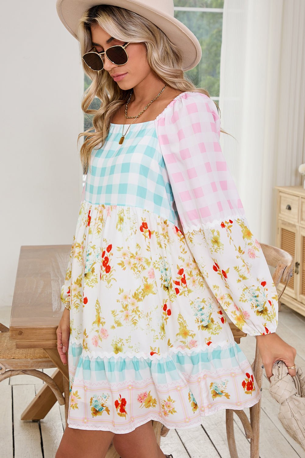 Pink Boho Floral and Plaid Patchwork Ricrac Lantern Sleeve Dress - MAD RUFFI