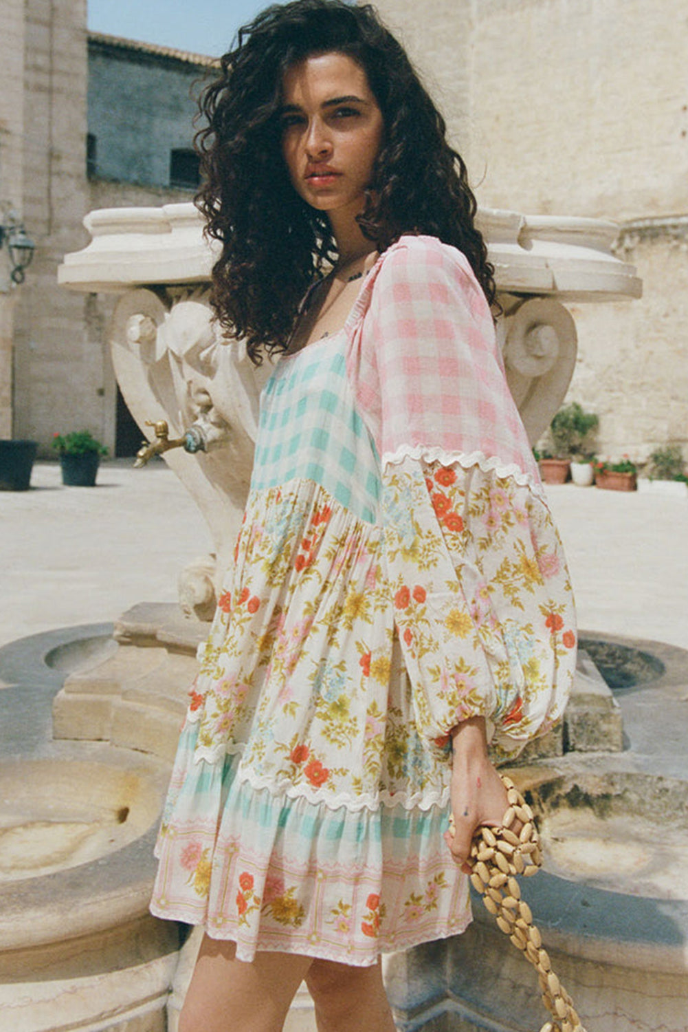Pink Boho Floral and Plaid Patchwork Ricrac Lantern Sleeve Dress - MAD RUFFI
