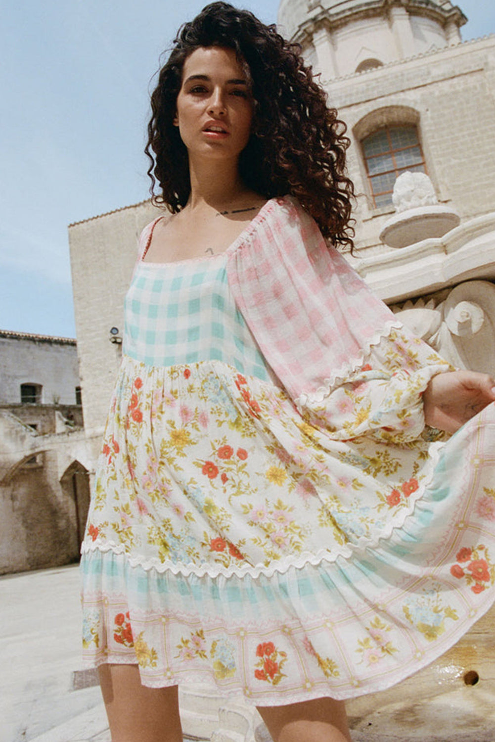 Pink Boho Floral and Plaid Patchwork Ricrac Lantern Sleeve Dress - MAD RUFFI