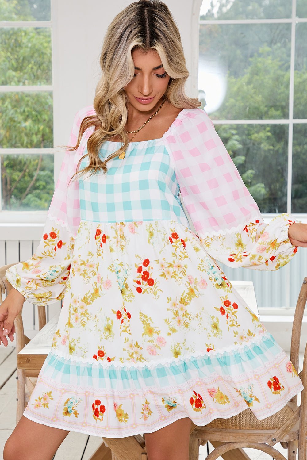 Pink Boho Floral and Plaid Patchwork Ricrac Lantern Sleeve Dress - MAD RUFFI