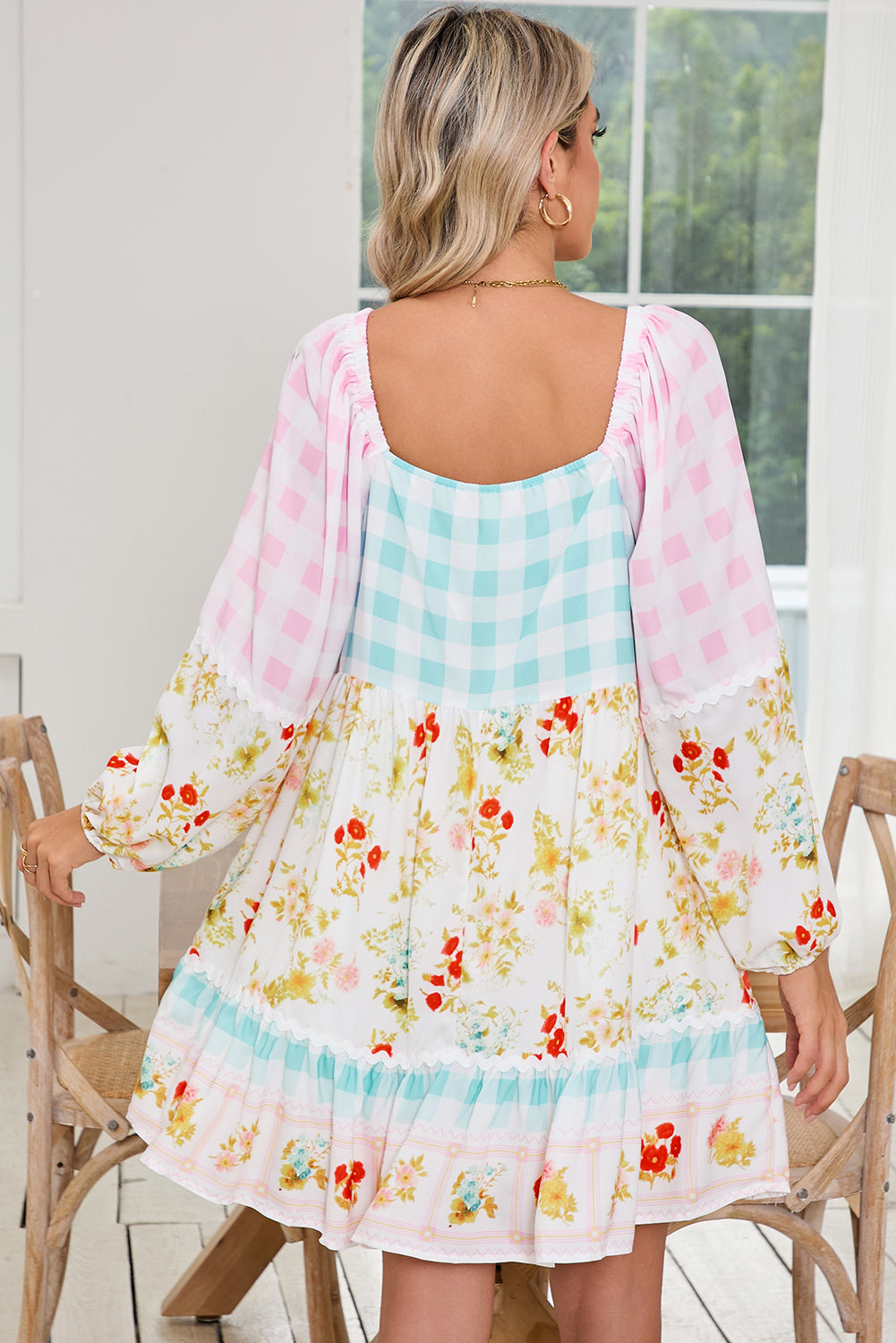 Pink Boho Floral and Plaid Patchwork Ricrac Lantern Sleeve Dress - MAD RUFFI