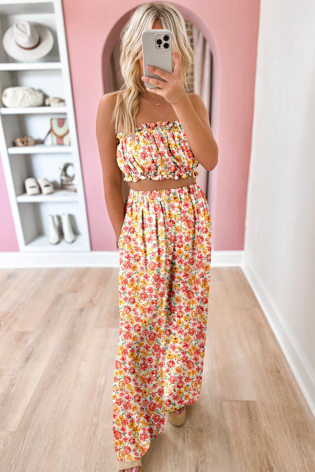 Pink Boho Floral Bandeau Top and High Waist Wide Leg Pants Set - MAD RUFFI