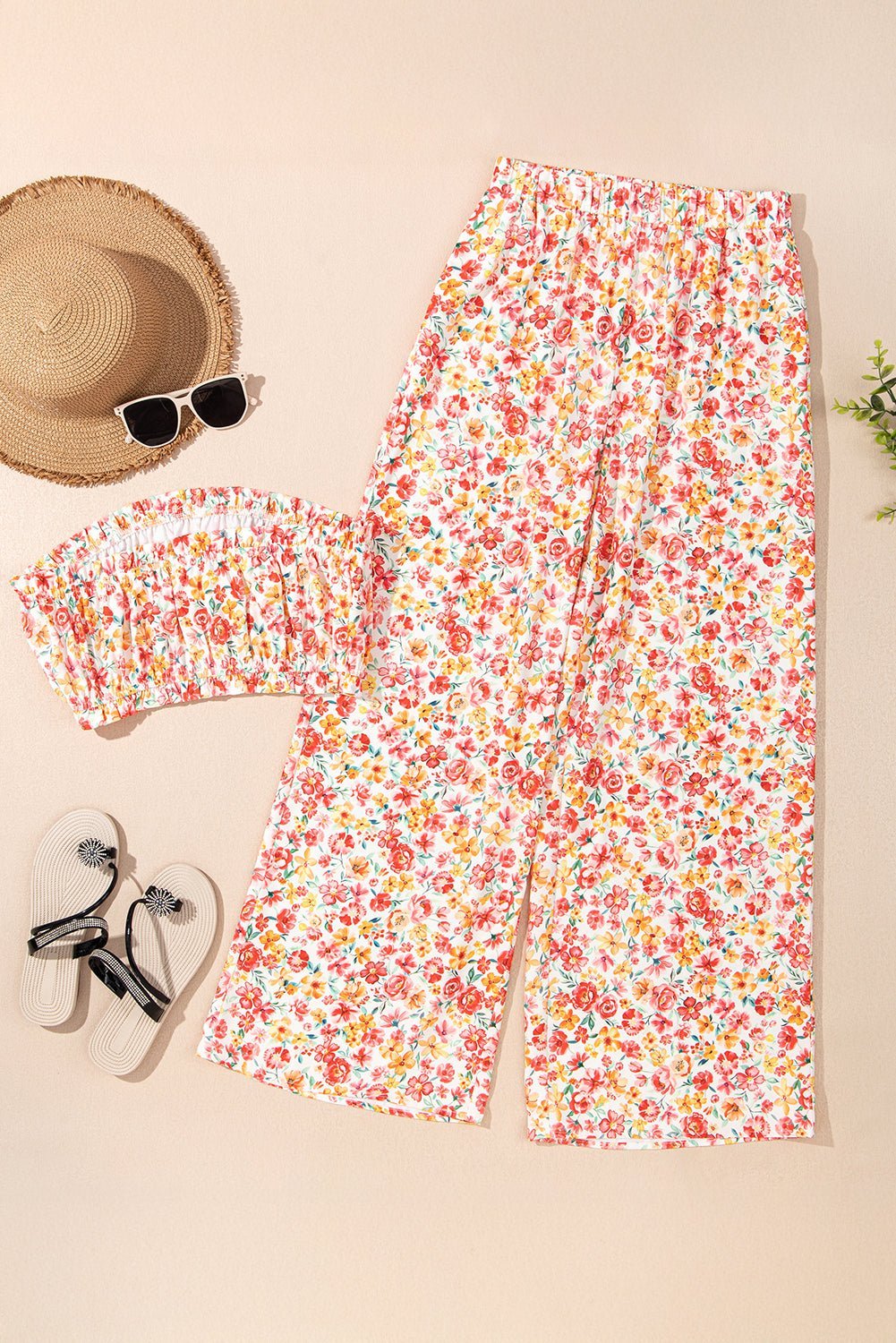 Pink Boho Floral Bandeau Top and High Waist Wide Leg Pants Set - MAD RUFFI