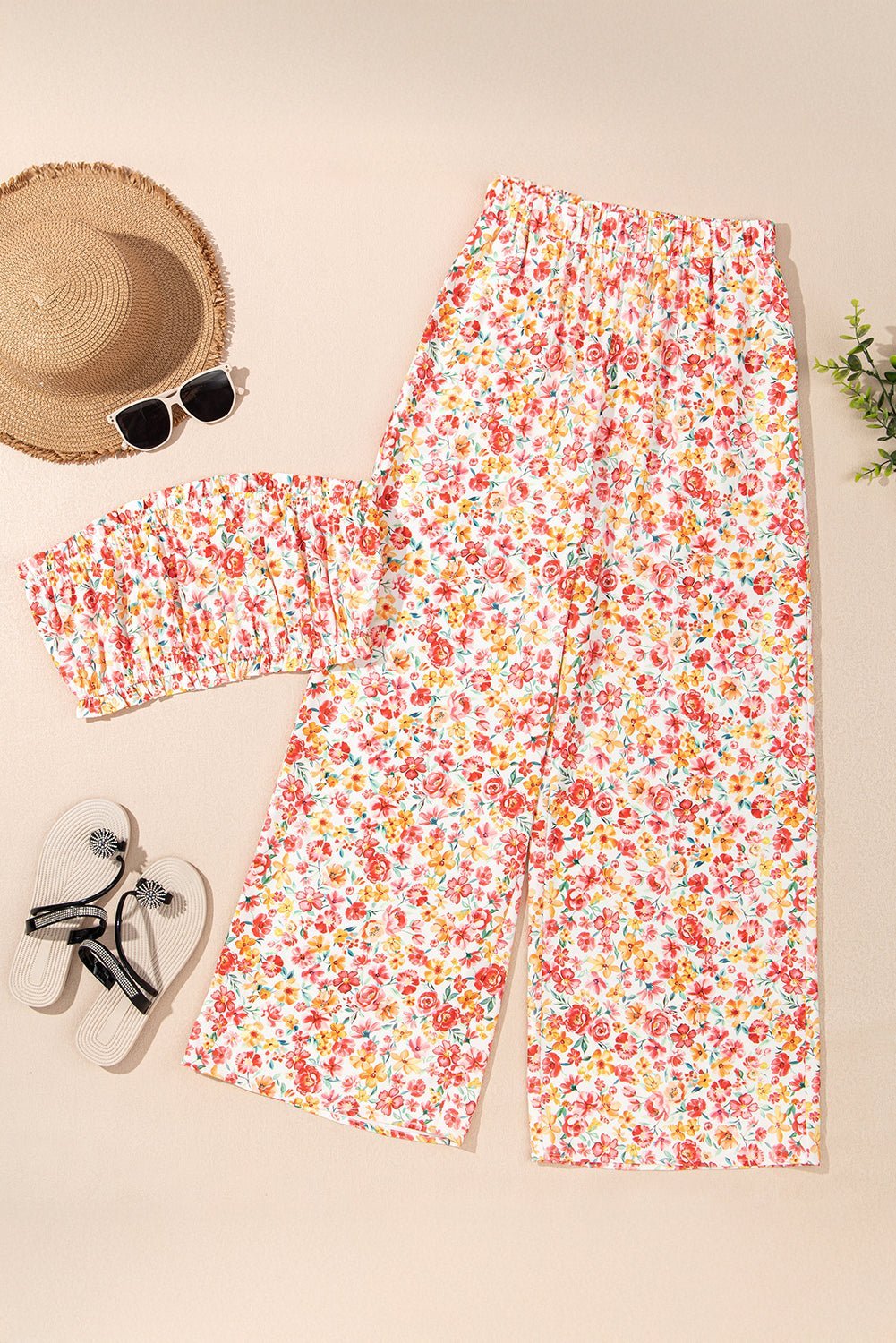 Pink Boho Floral Bandeau Top and High Waist Wide Leg Pants Set - MAD RUFFI