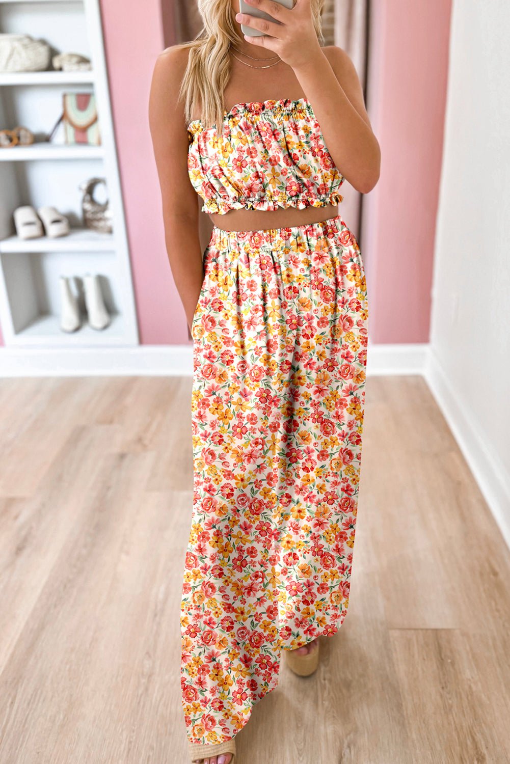 Pink Boho Floral Bandeau Top and High Waist Wide Leg Pants Set - MAD RUFFI