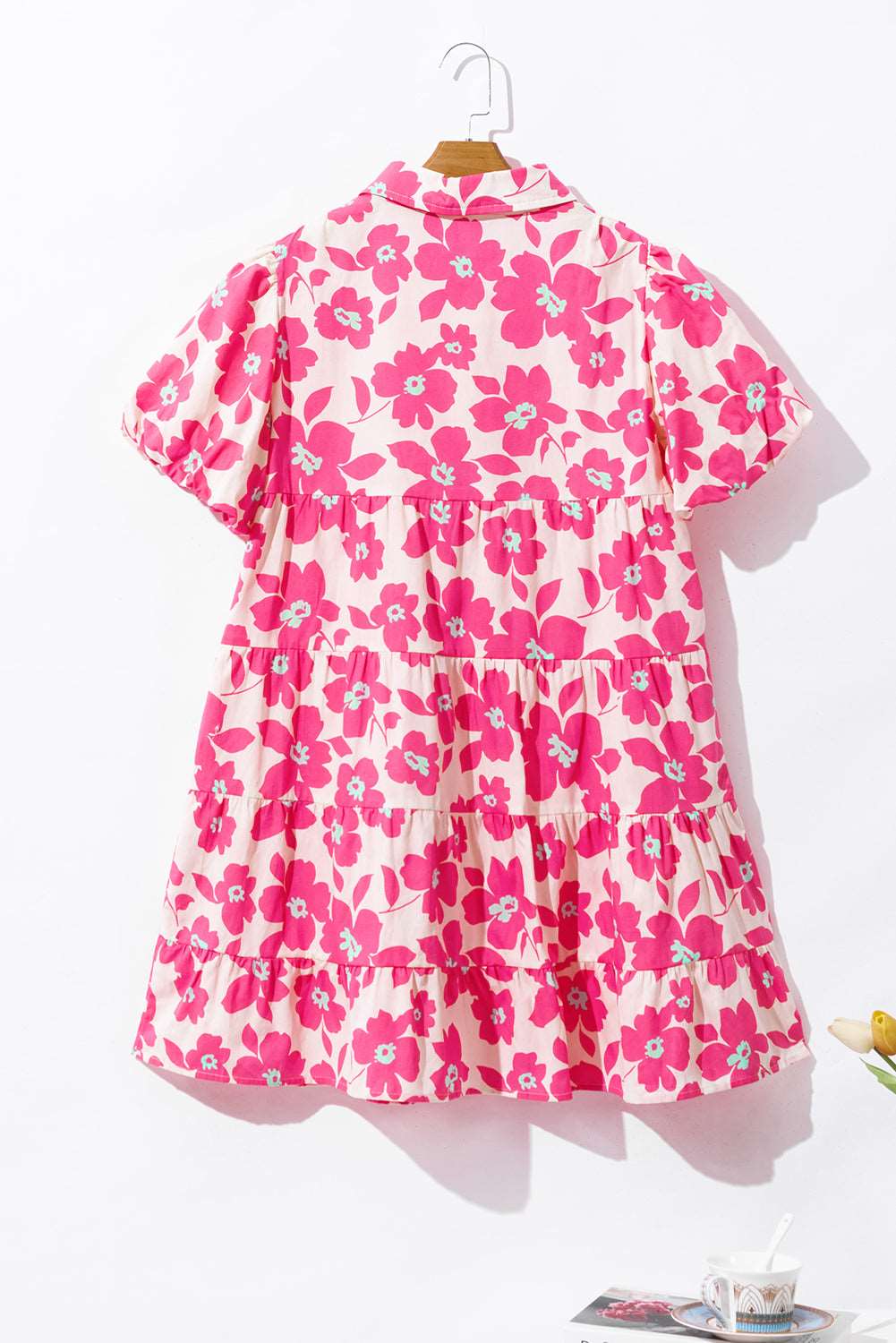 Pink Boho Floral Lantern Sleeve Flared Mini Dress - MAD RUFFI