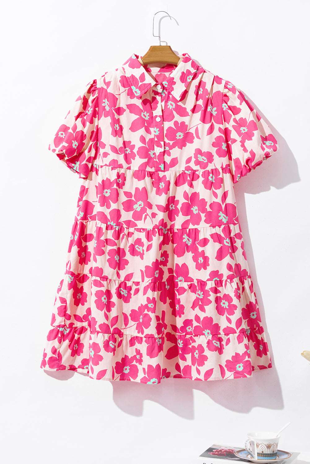 Pink Boho Floral Lantern Sleeve Flared Mini Dress - MAD RUFFI