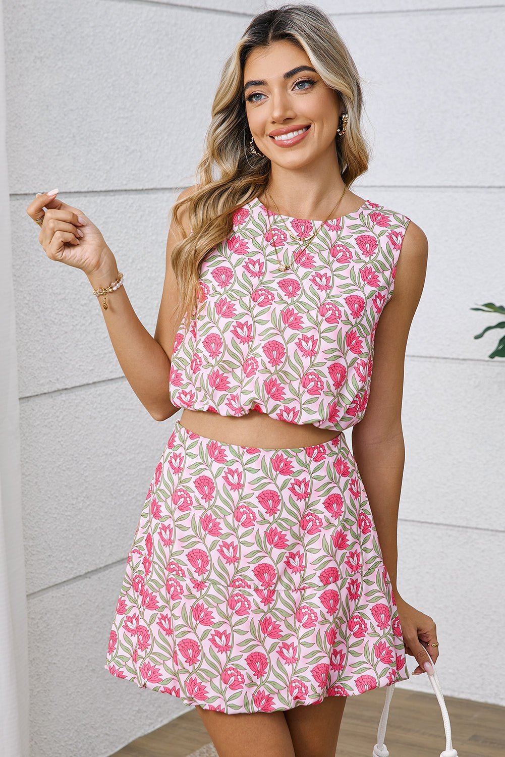Pink Boho Floral Print Cropped Top Mini Skirt Set - MAD RUFFI
