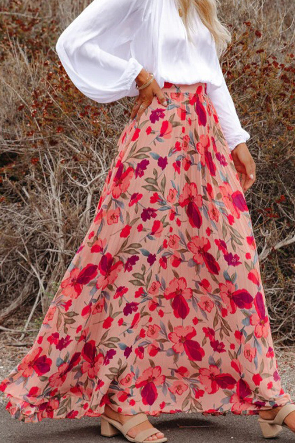 Flowers print ladies skirt Coral Peach romantic long skirt maxi skirt