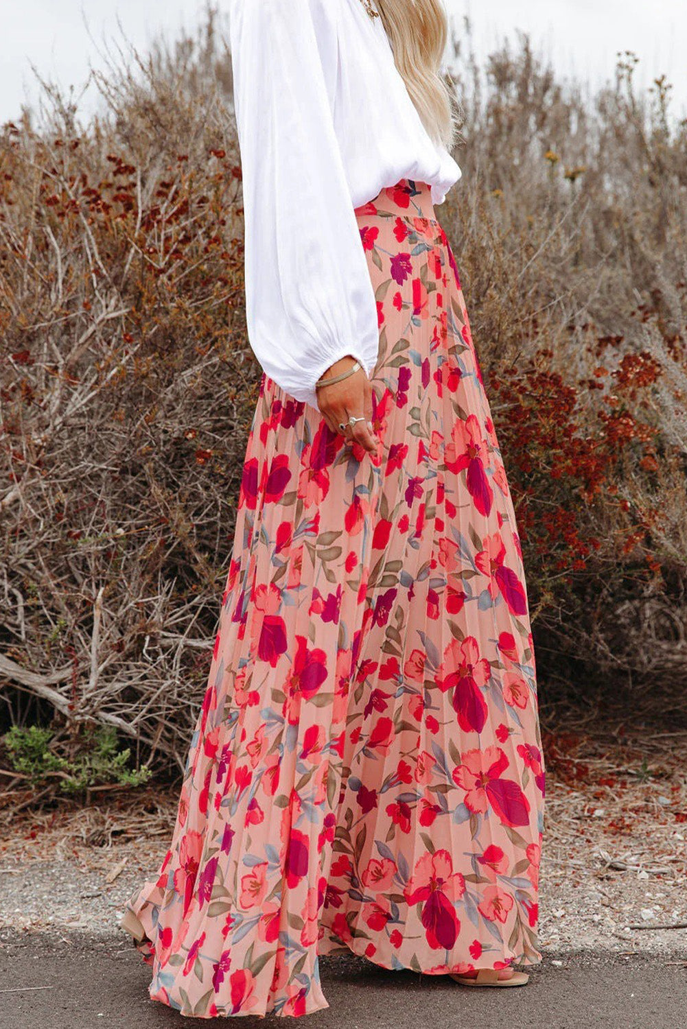 Pink Boho Floral Print High Waist Maxi Skirt - MAD RUFFI