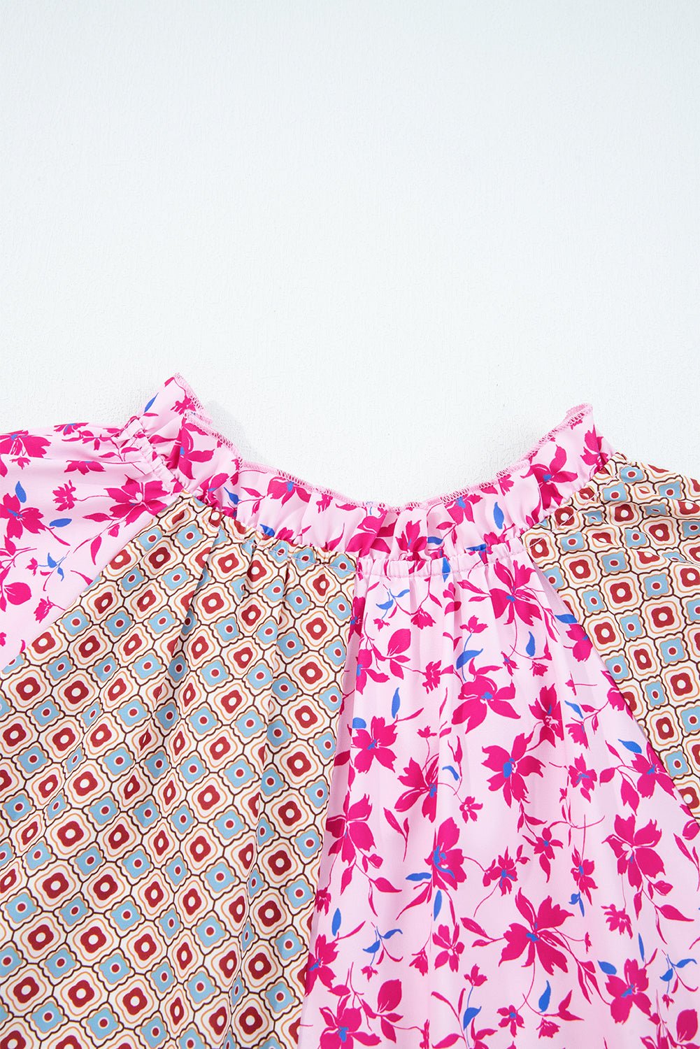 Pink Boho Mixed Floral Patchwork Drop Shoulder Bubble Sleeve Blouse - MAD RUFFI