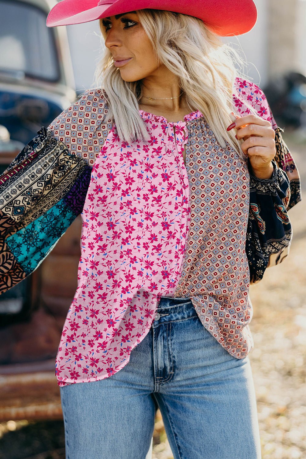 Pink Boho Mixed Floral Patchwork Drop Shoulder Bubble Sleeve Blouse - MAD RUFFI