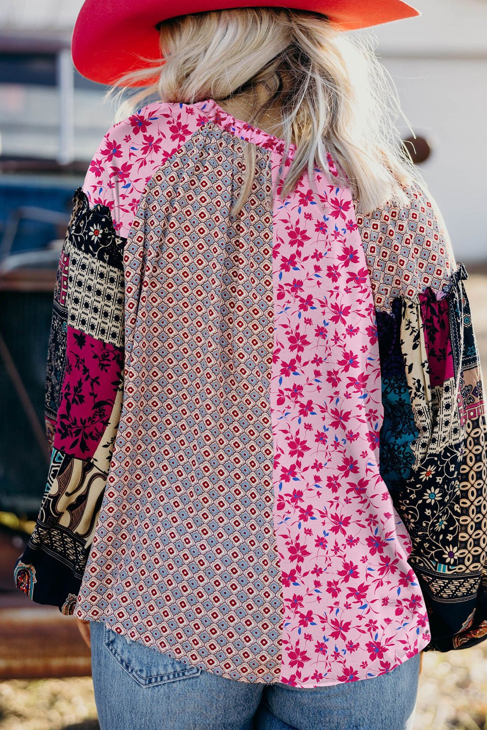 Pink Boho Mixed Floral Patchwork Drop Shoulder Bubble Sleeve Blouse - MAD RUFFI