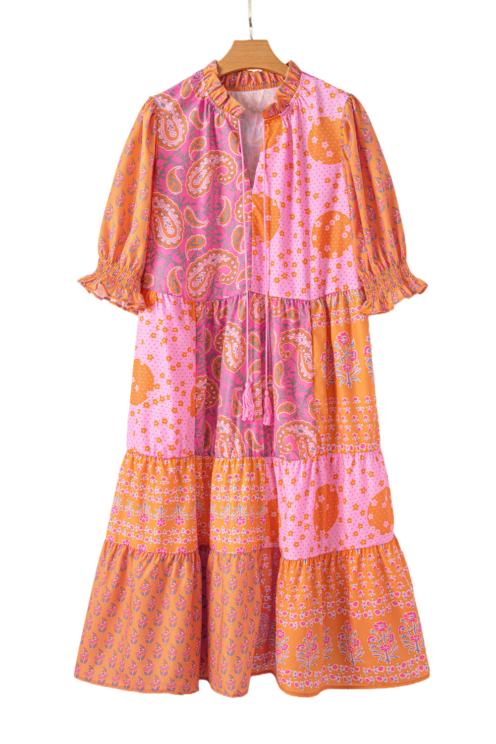 Pink Boho Paisley Floral Patchwork Tassel Tie Plus Size Midi Dress - Plus Size Dresses