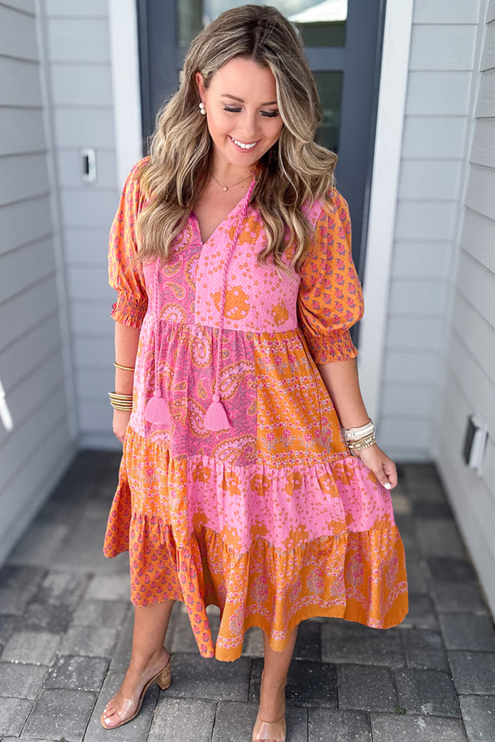 Pink Boho Paisley Floral Patchwork Tassel Tie Plus Size Midi Dress - Plus Size Dresses