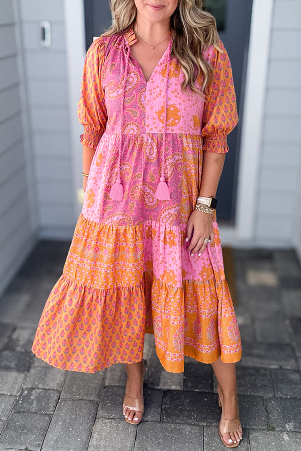 Pink Boho Paisley Floral Patchwork Tassel Tie Plus Size Midi Dress - Pink / 1X - Plus Size Dresses