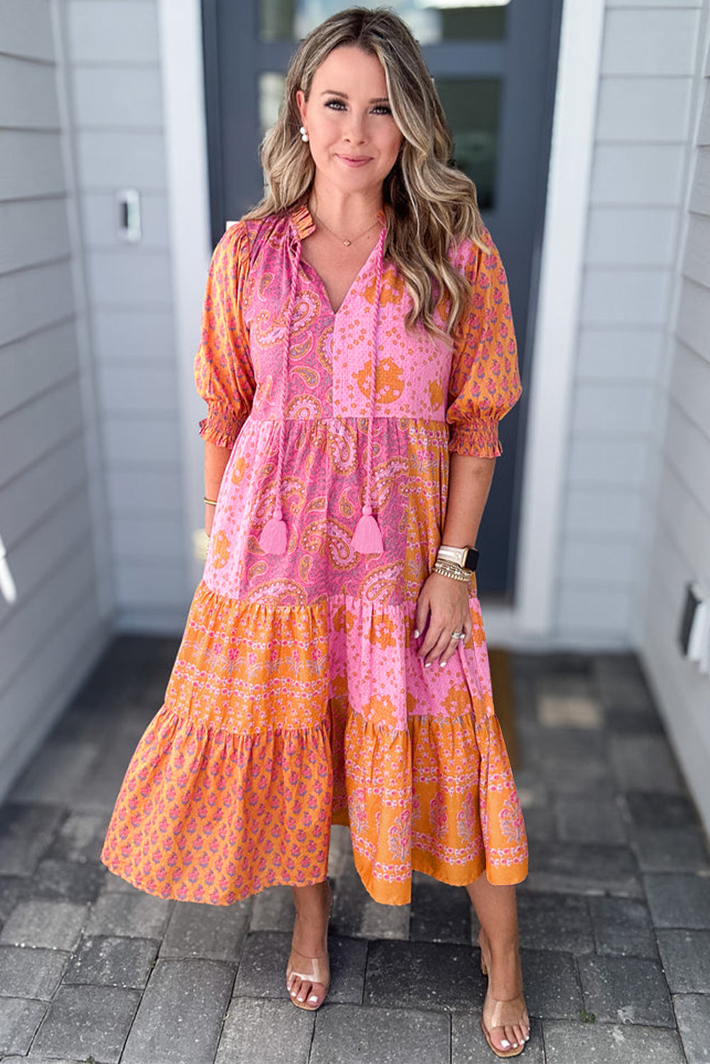 Pink Boho Paisley Floral Patchwork Tassel Tie Plus Size Midi Dress - Plus Size Dresses