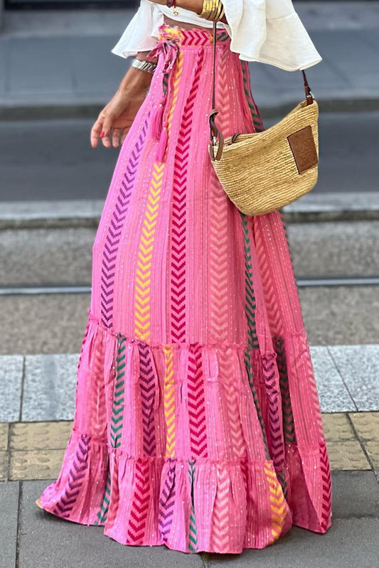 Pink Boho Tassel Tie Ruffled Tiered Maxi Skirt - MAD RUFFI