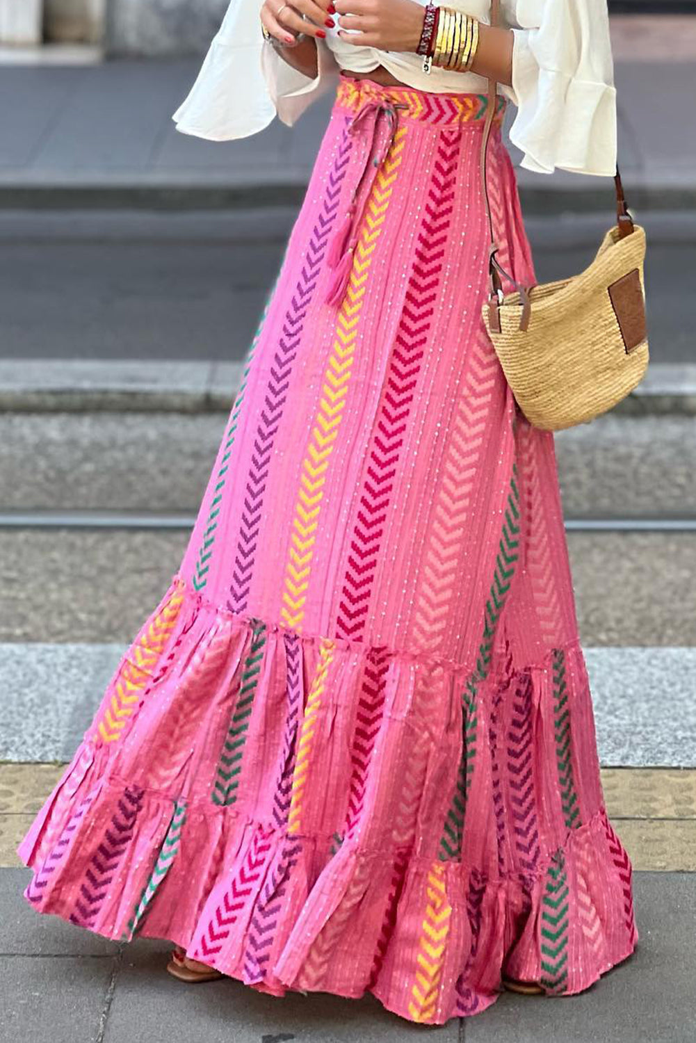 Pink Boho Tassel Tie Ruffled Tiered Maxi Skirt - MAD RUFFI