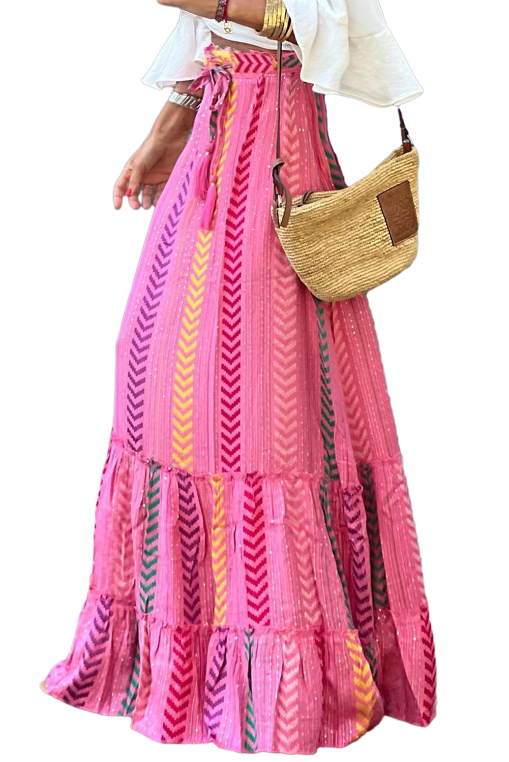 Pink Boho Tassel Tie Ruffled Tiered Maxi Skirt - MAD RUFFI