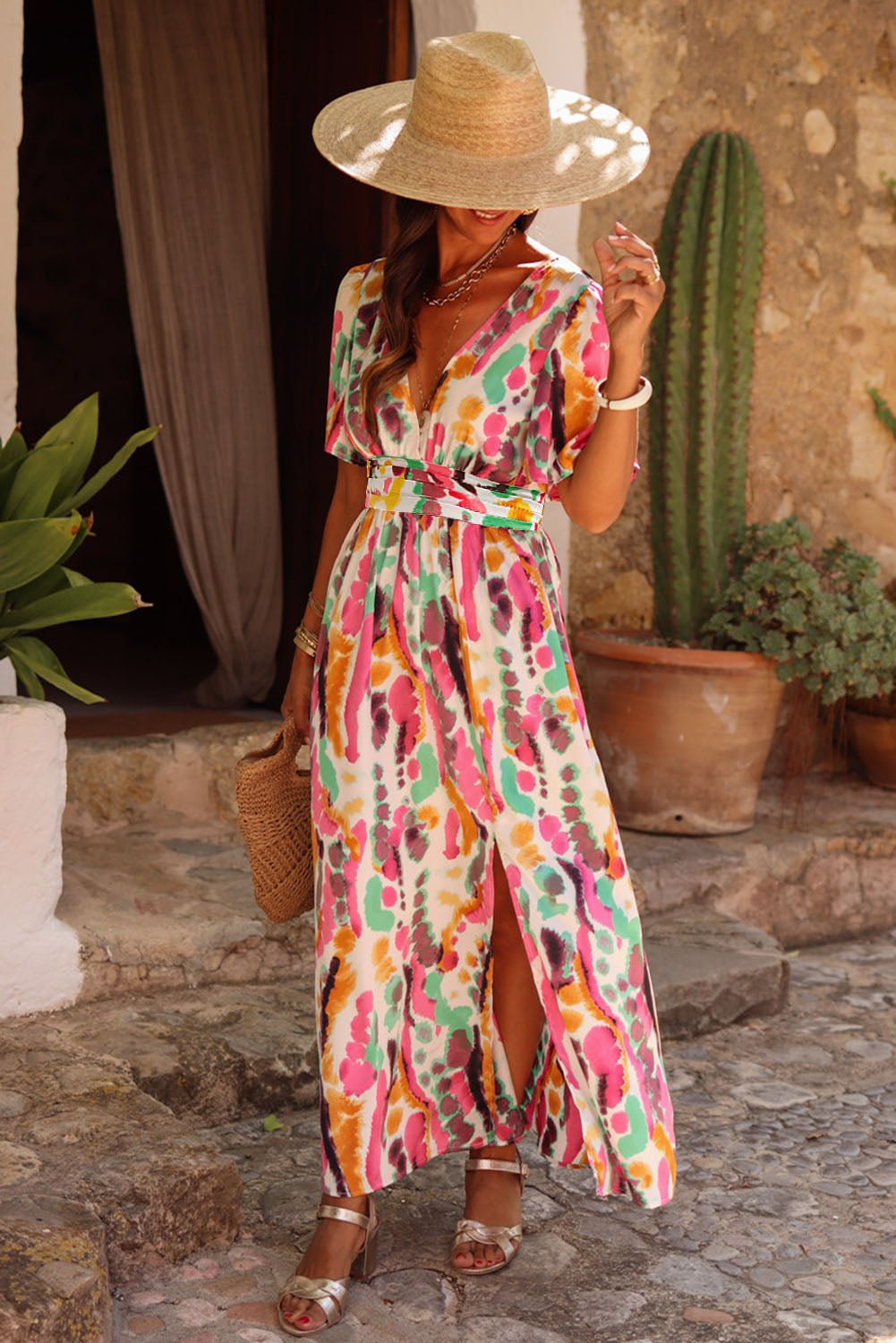 Pink Boho Tie Dye Print V Neck Side Split Maxi Dress - MAD RUFFI