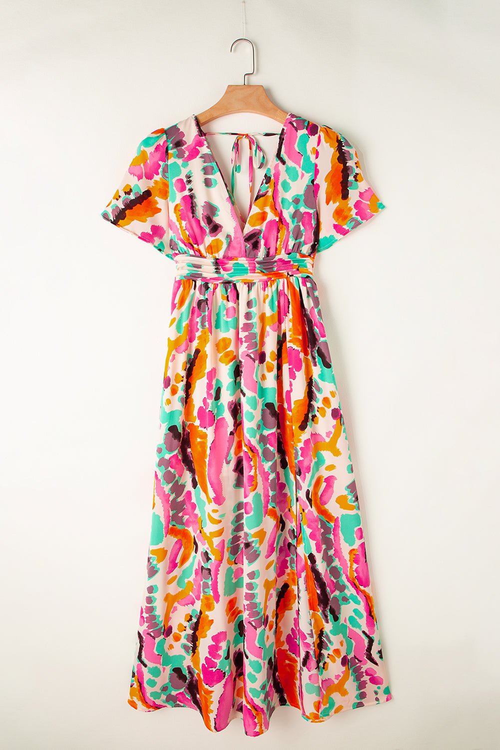 Pink Boho Tie Dye Print V Neck Side Split Maxi Dress - MAD RUFFI