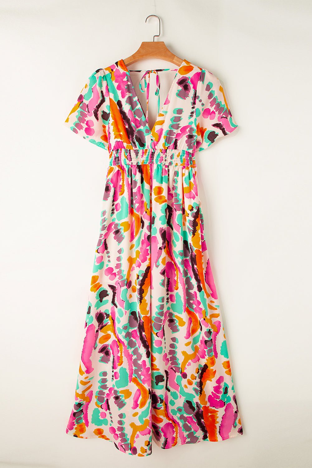 Pink Boho Tie Dye Print V Neck Side Split Maxi Dress - MAD RUFFI