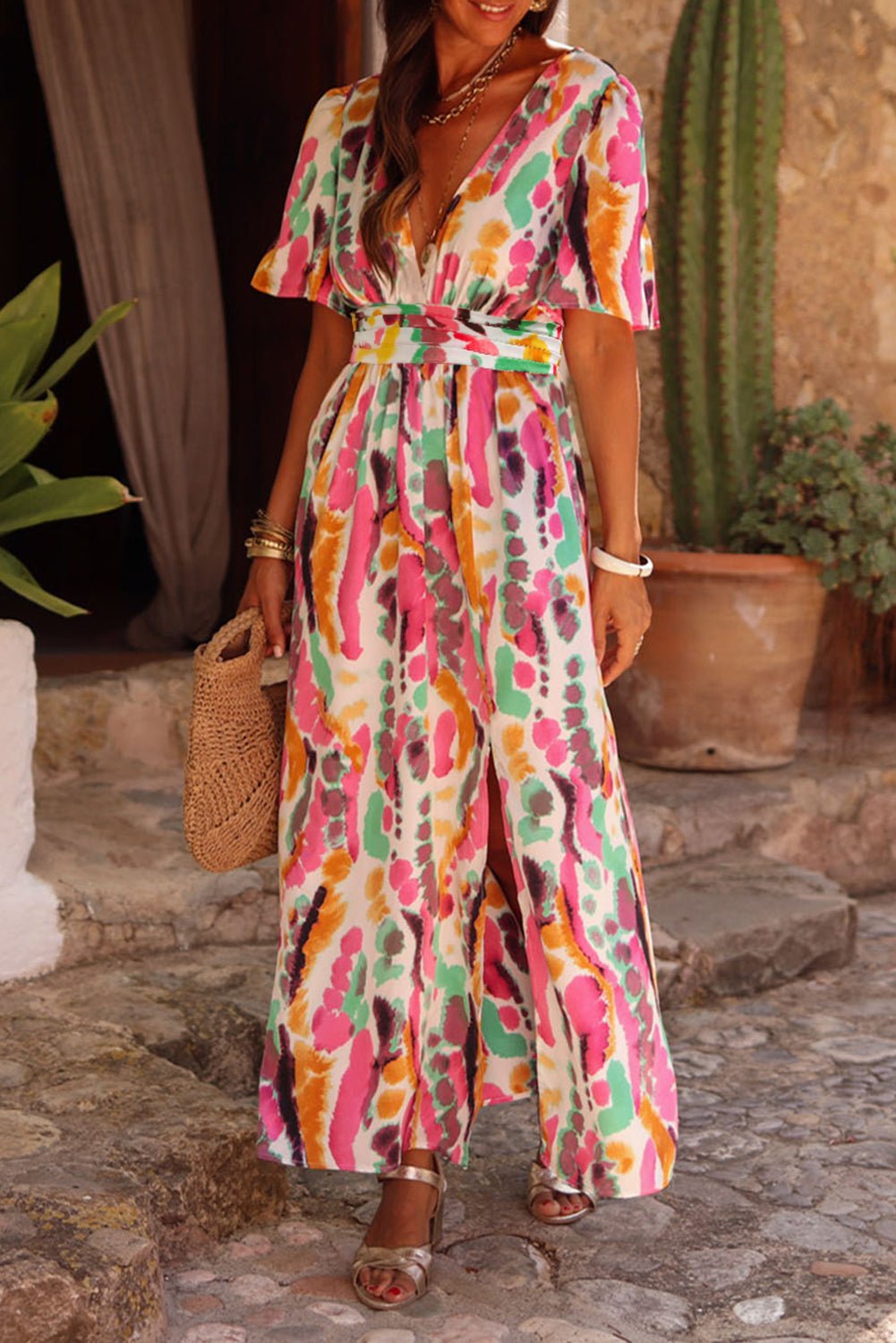 Pink Boho Tie Dye Print V Neck Side Split Maxi Dress - MAD RUFFI