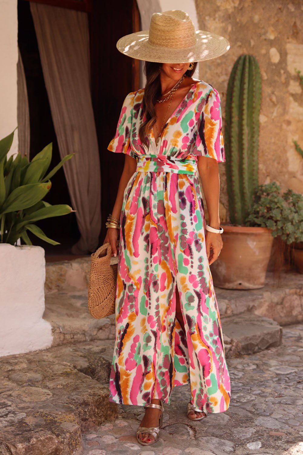 Pink Boho Tie Dye Print V Neck Side Split Maxi Dress - MAD RUFFI