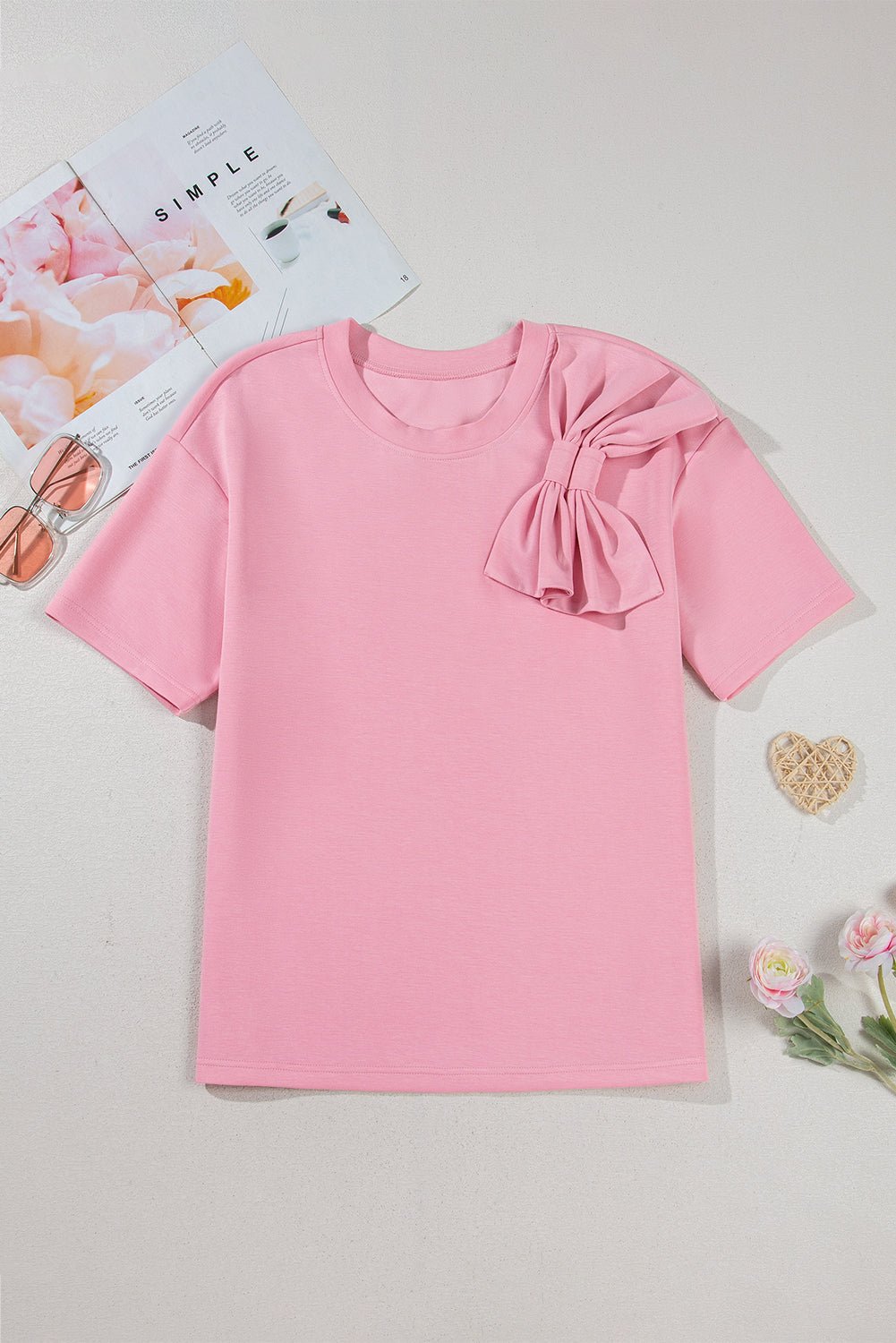 Pink Bow Applique Solid Color Sweet T-shirt - MAD RUFFI