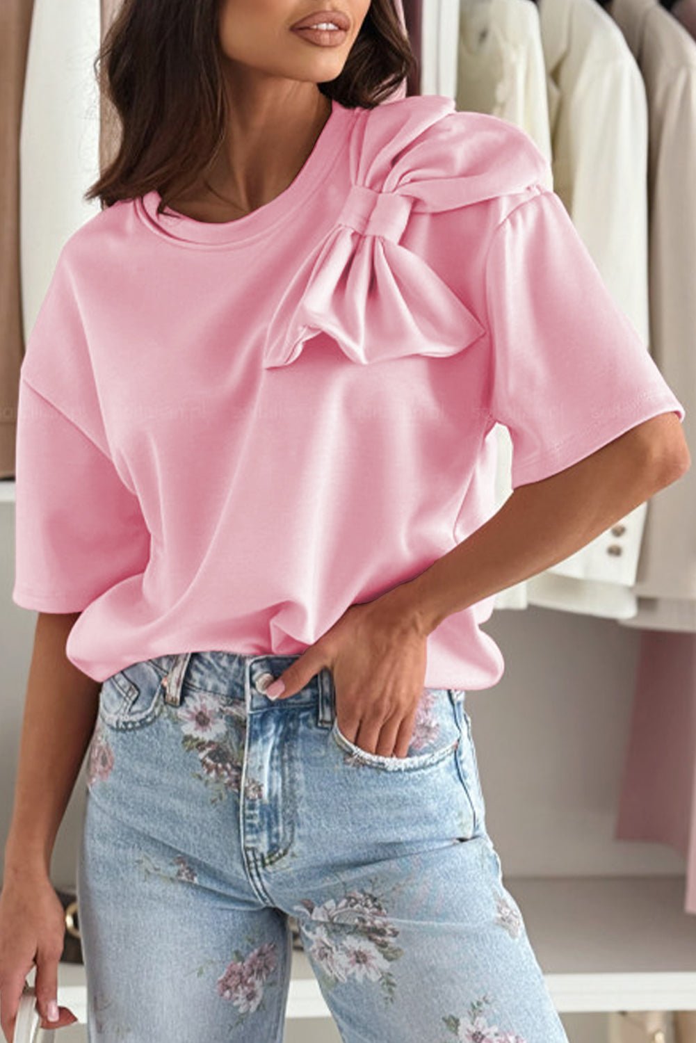 Pink Bow Applique Solid Color Sweet T-shirt - MAD RUFFI