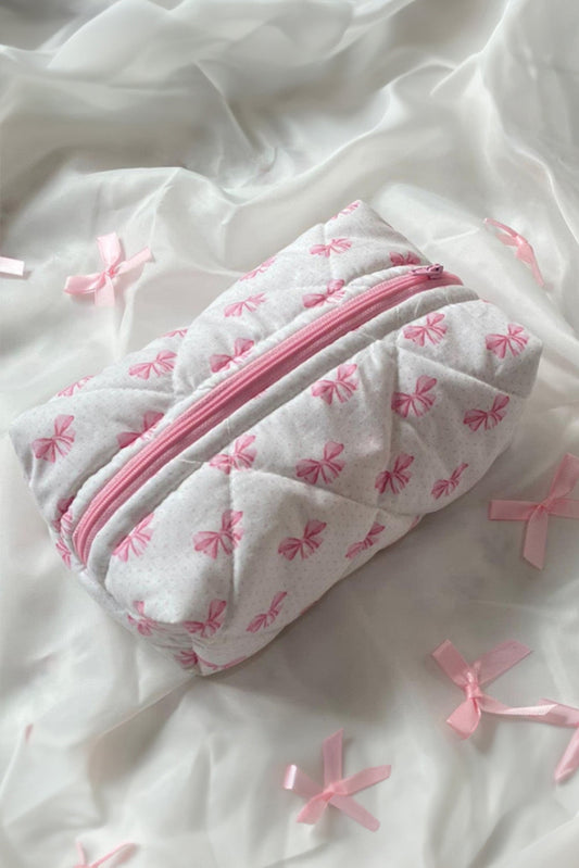 Pink Bow Knot Quilted Zipper Makeup Bag - MAD RUFFI