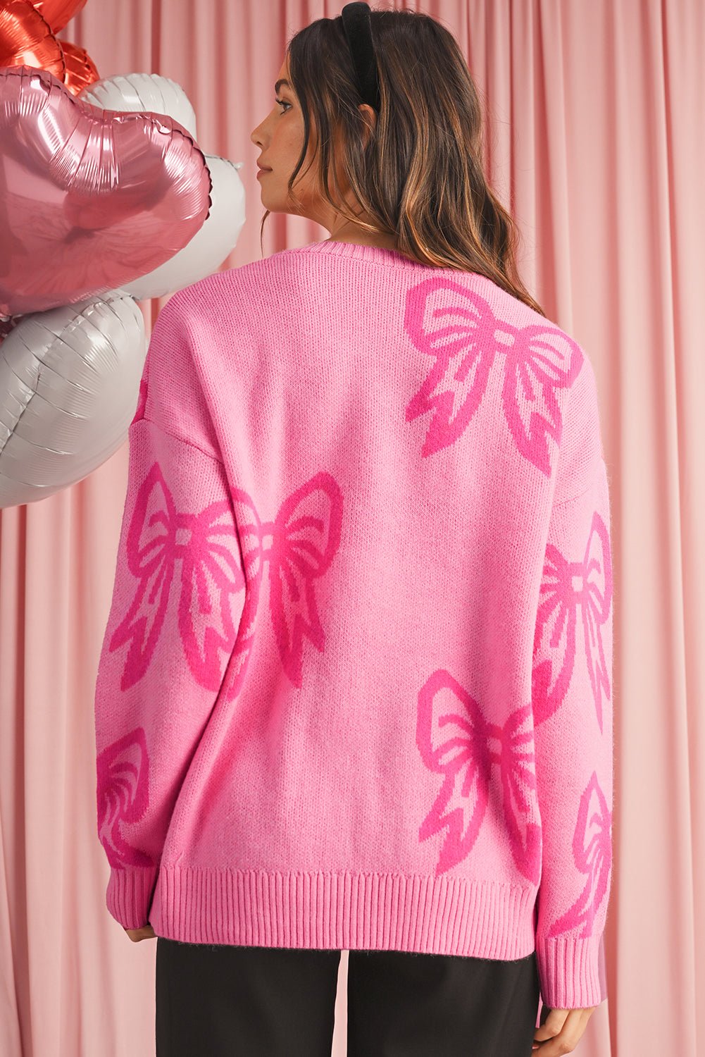 Pink Bow Pattern Drop Sleeve Loose Sweater - MAD RUFFI
