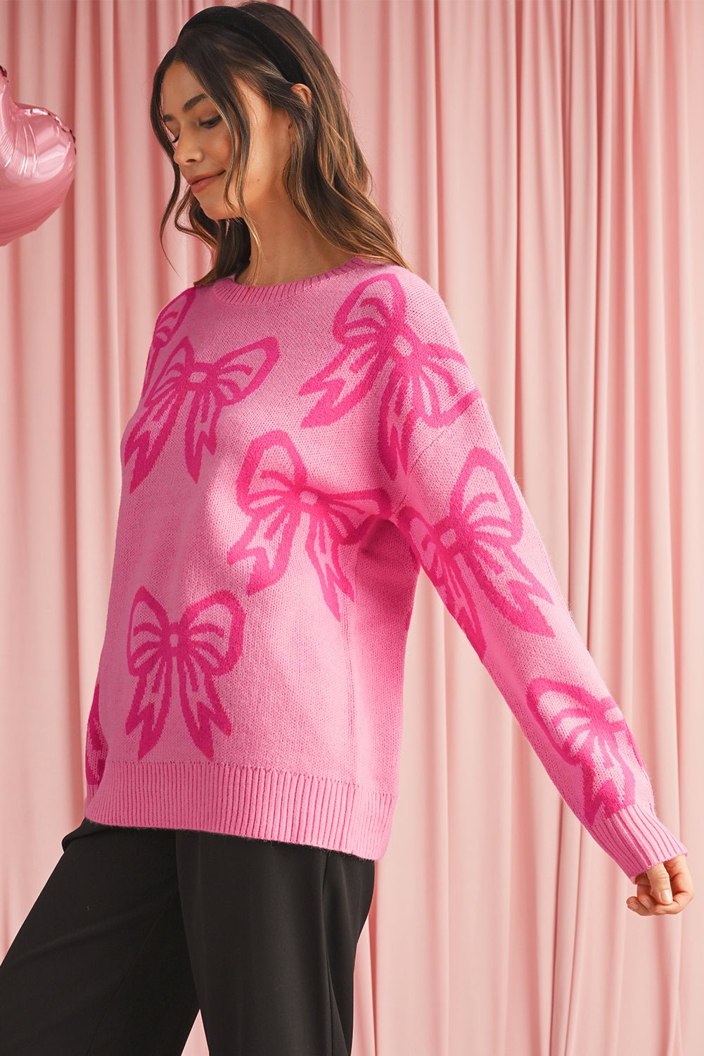 Pink Bow Pattern Drop Sleeve Loose Sweater - MAD RUFFI