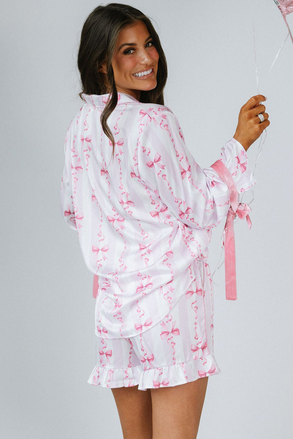 Pink Bow Print Bell Sleeve Shirt and Ruffle Hem Shorts Pajama Set - MAD RUFFI