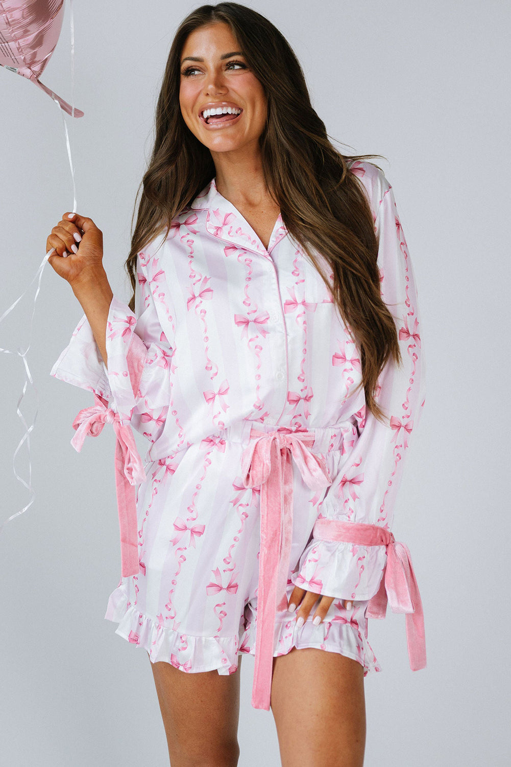 Pink Bow Print Bell Sleeve Shirt and Ruffle Hem Shorts Pajama Set - MAD RUFFI