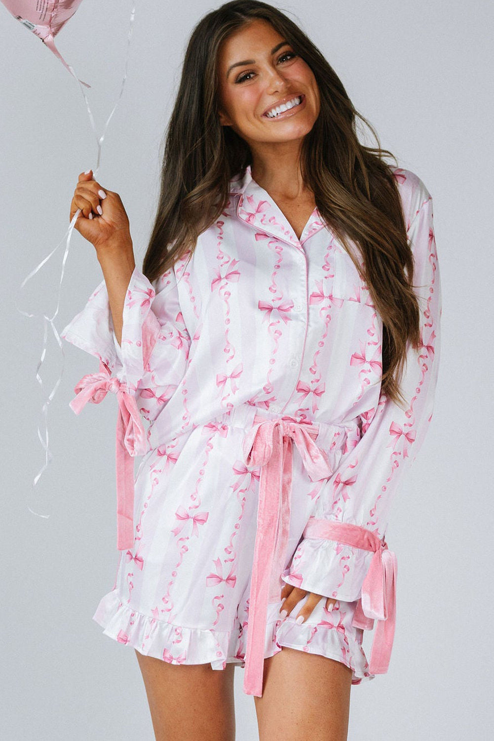 Pink Bow Print Bell Sleeve Shirt and Ruffle Hem Shorts Pajama Set - MAD RUFFI