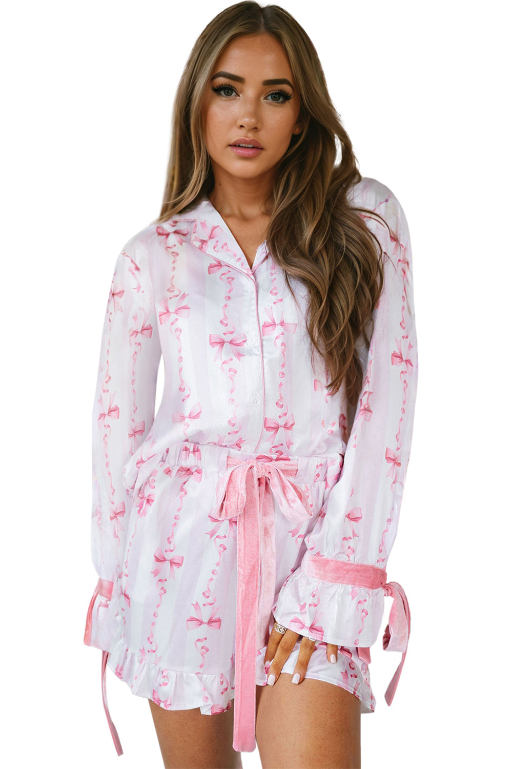 Pink Bow Print Bell Sleeve Shirt and Ruffle Hem Shorts Pajama Set - MAD RUFFI