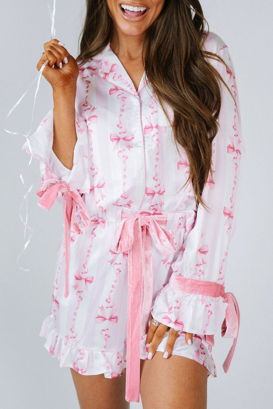 Pink Bow Print Bell Sleeve Shirt and Ruffle Hem Shorts Pajama Set - MAD RUFFI