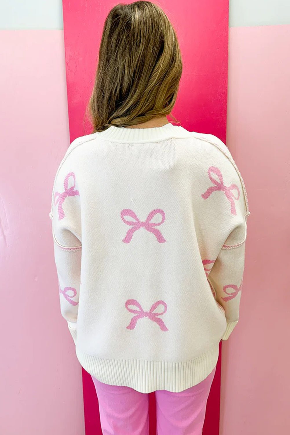 Pink Bow Print Exposed Seam Drop Sleeve Sweater - MAD RUFFI