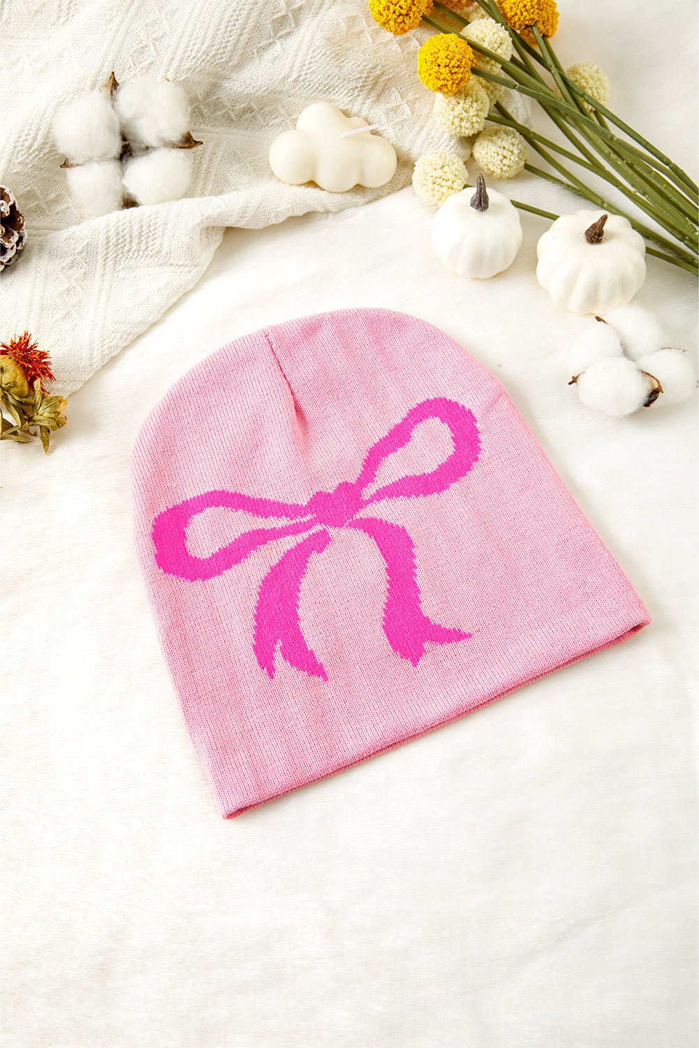 Pink Bow Print Knitted Beanie Hat - MAD RUFFI