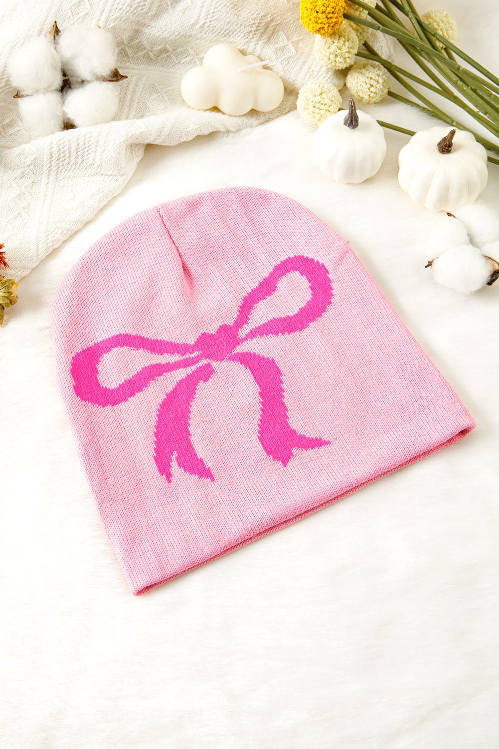 Pink Bow Print Knitted Beanie Hat - MAD RUFFI