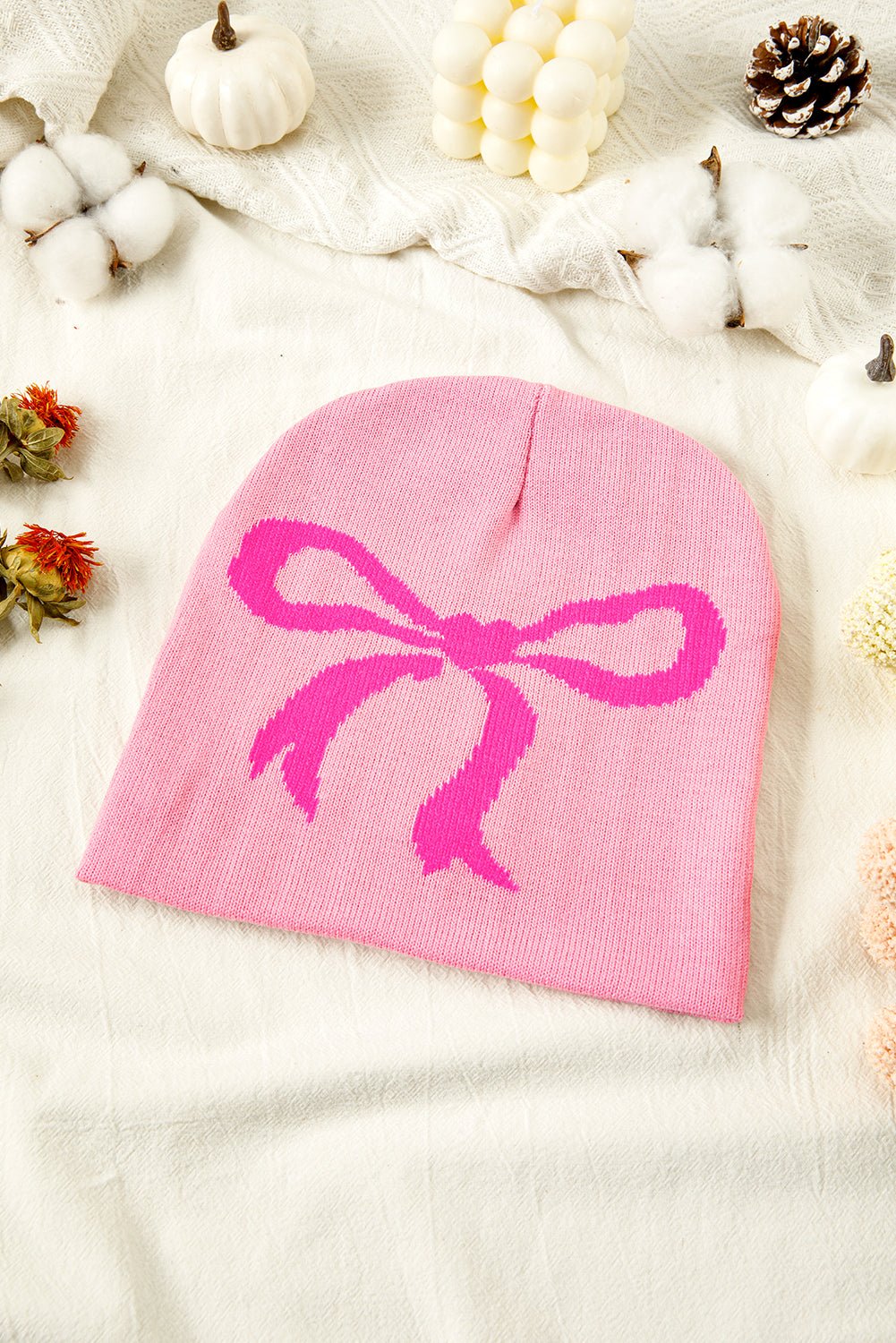 Pink Bow Print Knitted Beanie Hat - MAD RUFFI