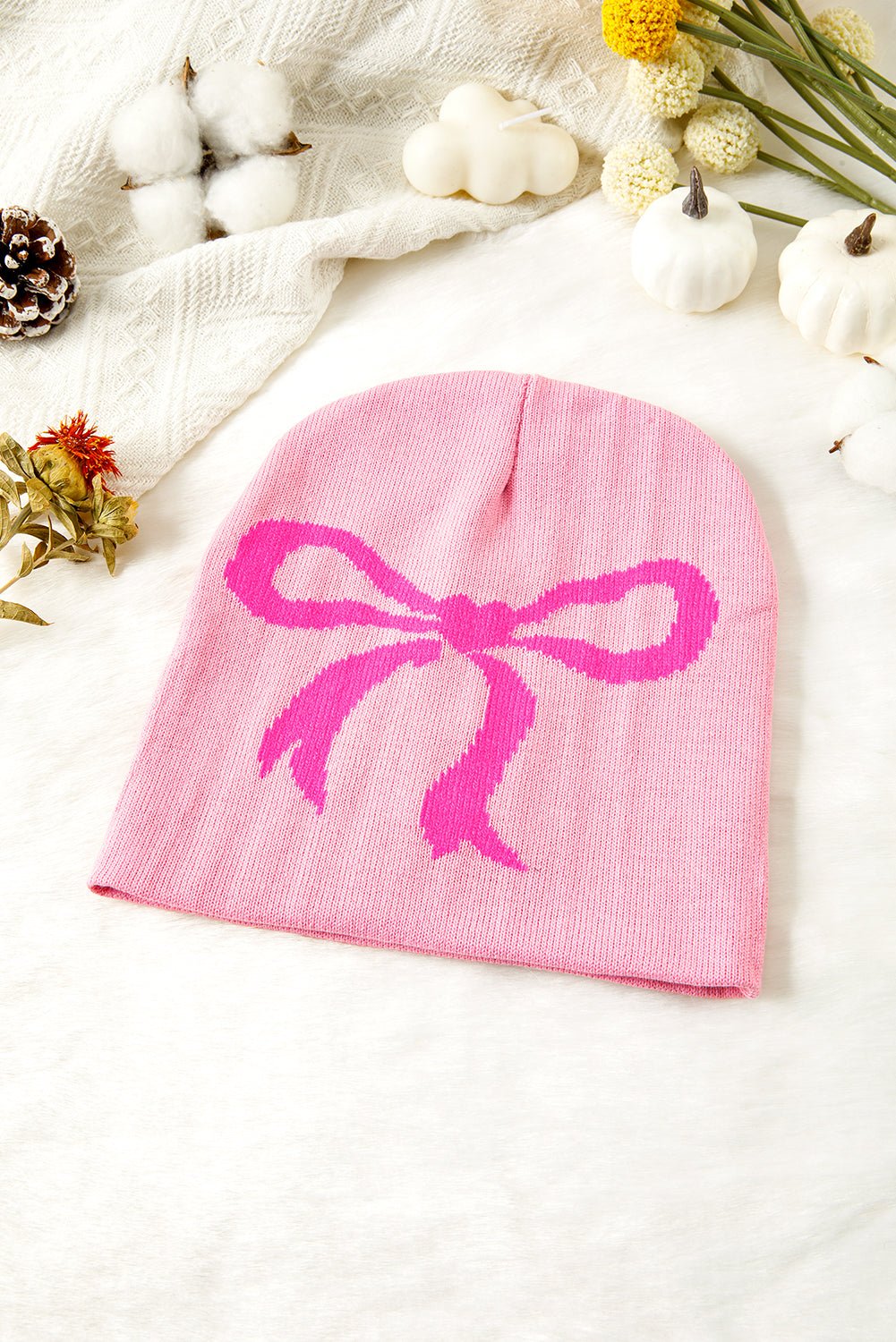 Pink Bow Print Knitted Beanie Hat - MAD RUFFI