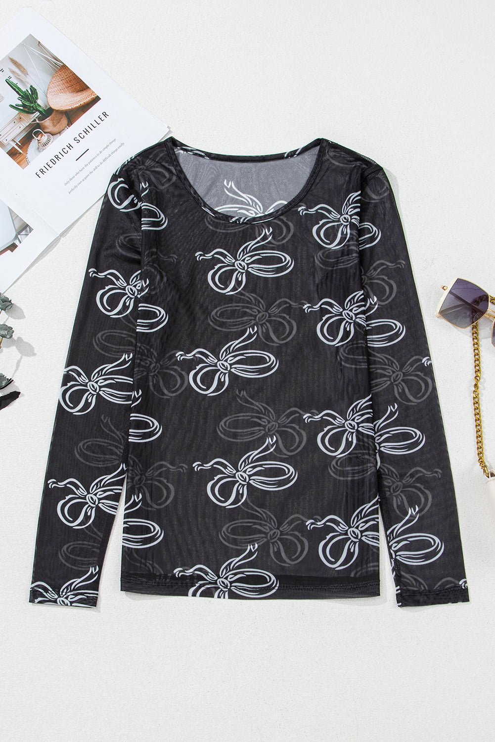 Pink Bow Print Long Sleeve Mesh Top - MAD RUFFI