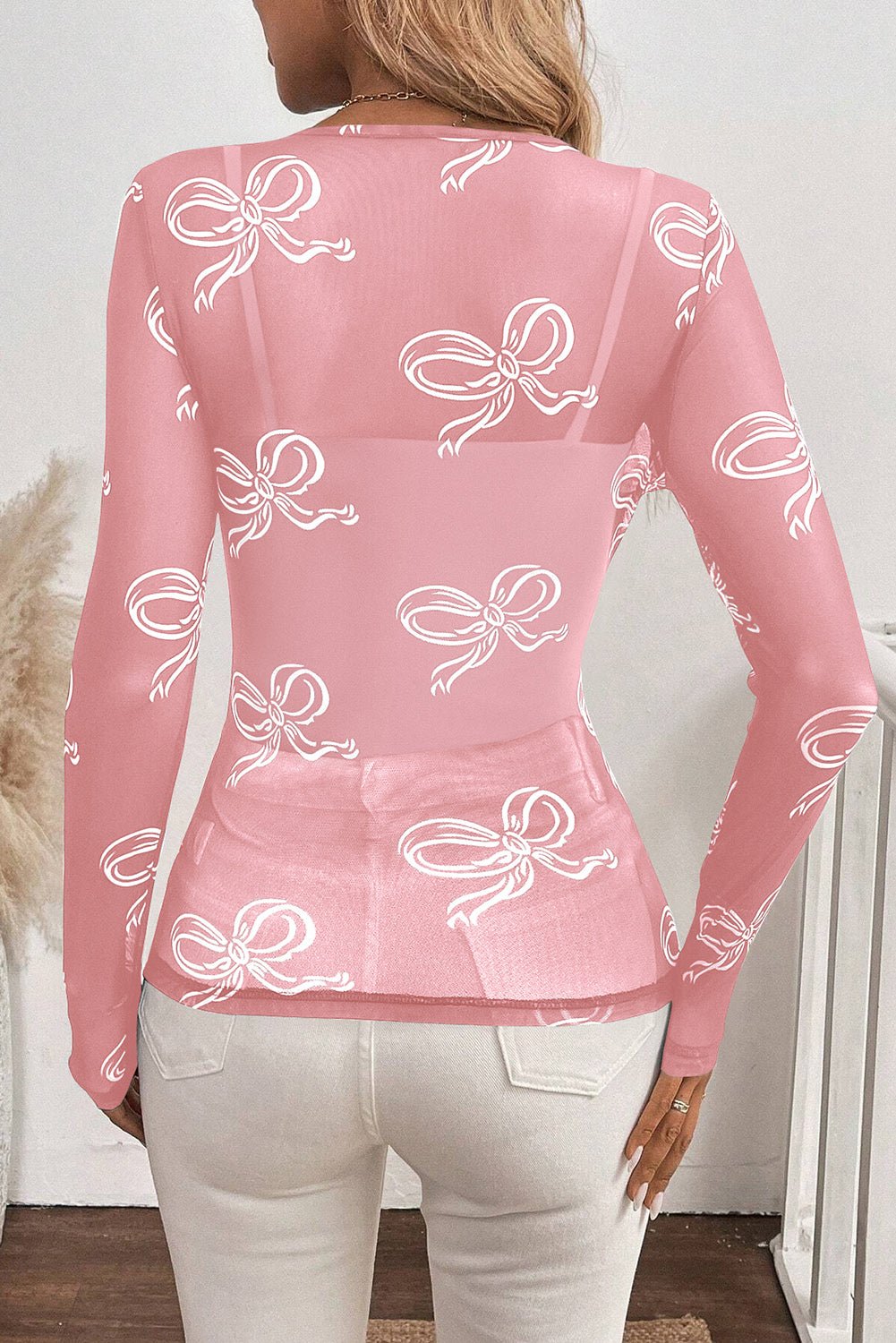 Pink Bow Print Long Sleeve Mesh Top - MAD RUFFI