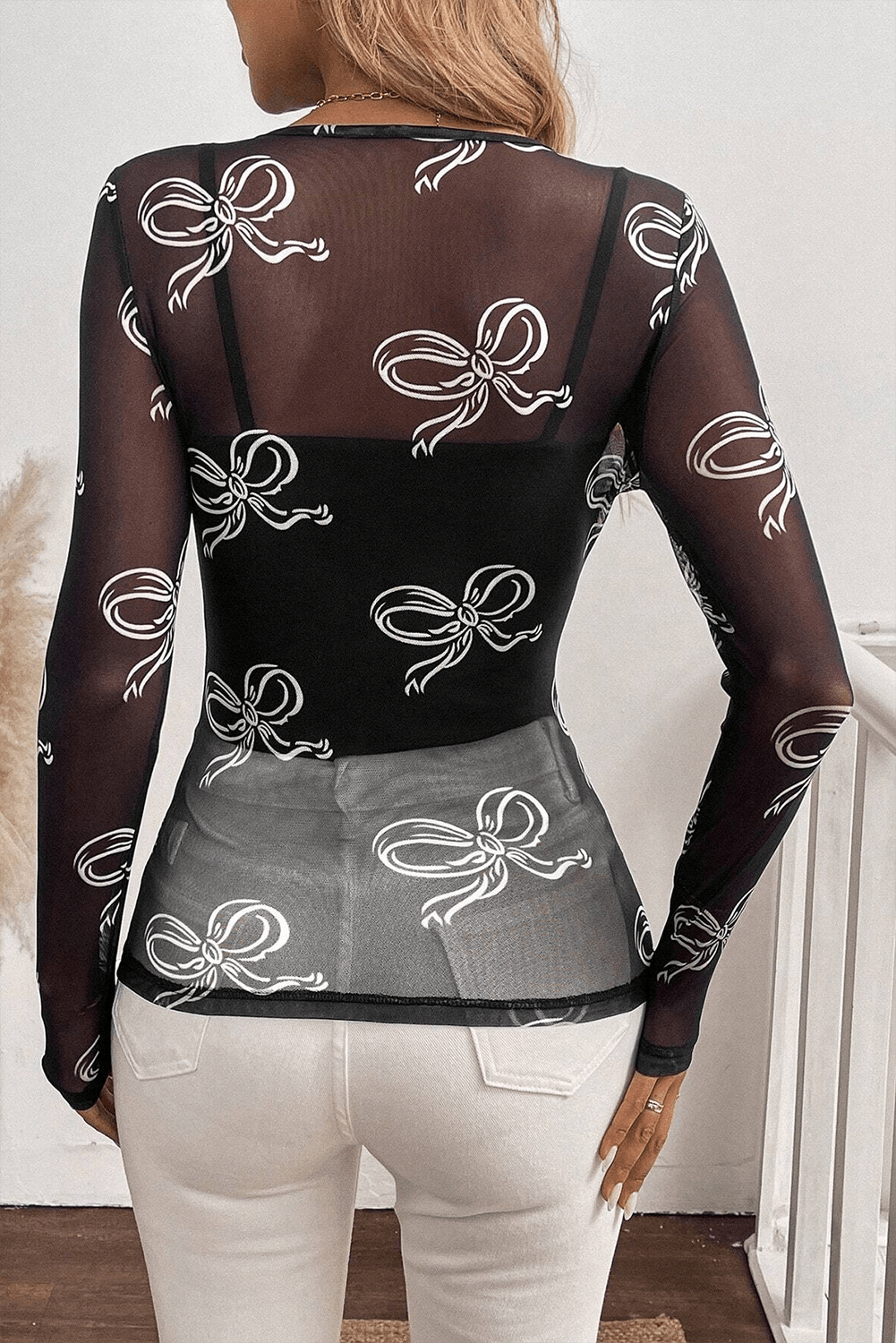 Pink Bow Print Long Sleeve Mesh Top - MAD RUFFI