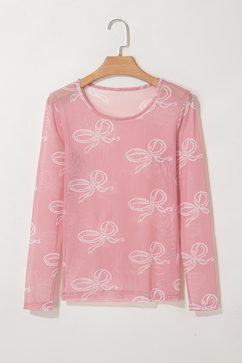 Pink Bow Print Long Sleeve Mesh Top - MAD RUFFI